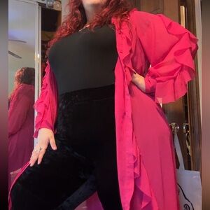 ELOQUII Hot Pink Sheer Ruffles Shirt Dress